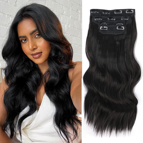 Qp hairMONIXI Synthetic Clip in Hair Extensiones Long Soft Glam Waves Thick Hairpieces Ombre Chocolate Brown to Honey Hair Extensions