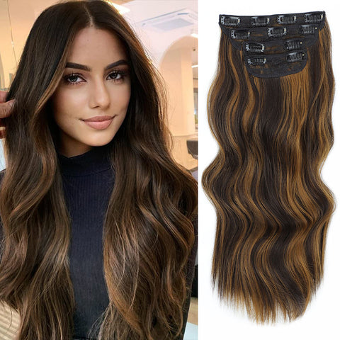 Qp hairMONIXI Synthetic Clip in Hair Extensiones Long Soft Glam Waves Thick Hairpieces Ombre Chocolate Brown to Honey Hair Extensions