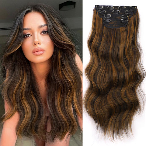 Qp hairMONIXI Synthetic Clip in Hair Extensiones Long Soft Glam Waves Thick Hairpieces Ombre Chocolate Brown to Honey Hair Extensions