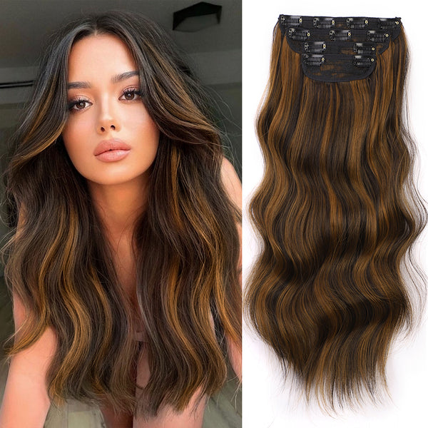 Qp hairMONIXI Synthetic Clip in Hair Extensiones Long Soft Glam Waves Thick Hairpieces Ombre Chocolate Brown to Honey Hair Extensions