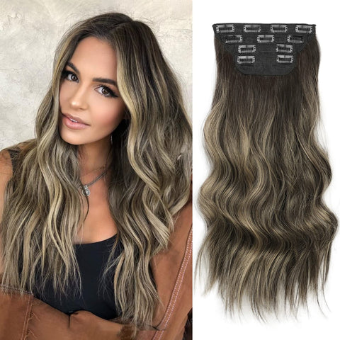 Qp hairMONIXI Synthetic Clip in Hair Extensiones Long Soft Glam Waves Thick Hairpieces Ombre Chocolate Brown to Honey Hair Extensions