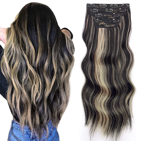 Qp hairMONIXI Synthetic Clip in Hair Extensiones Long Soft Glam Waves Thick Hairpieces Ombre Chocolate Brown to Honey Hair Extensions