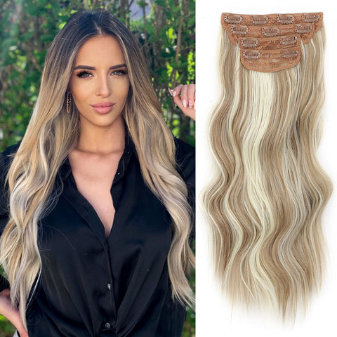Qp hairMONIXI Synthetic Clip in Hair Extensiones Long Soft Glam Waves Thick Hairpieces Ombre Chocolate Brown to Honey Hair Extensions
