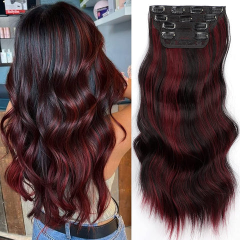 Qp hairMONIXI Synthetic Clip in Hair Extensiones Long Soft Glam Waves Thick Hairpieces Ombre Chocolate Brown to Honey Hair Extensions