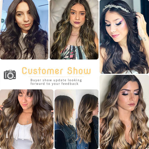 Qp hairMONIXI Synthetic Clip in Hair Extensiones Long Soft Glam Waves Thick Hairpieces Ombre Chocolate Brown to Honey Hair Extensions