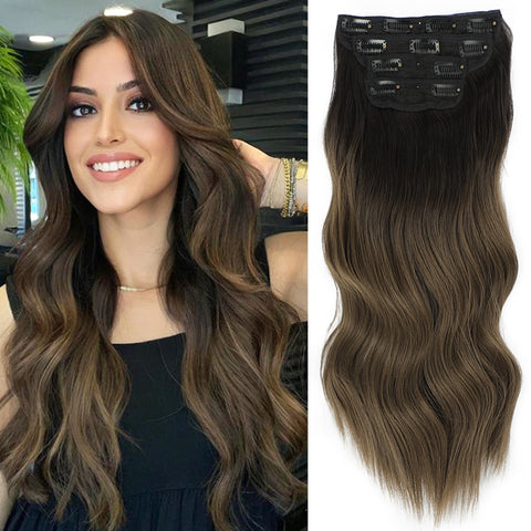 Qp hairMONIXI Synthetic Clip in Hair Extensiones Long Soft Glam Waves Thick Hairpieces Ombre Chocolate Brown to Honey Hair Extensions