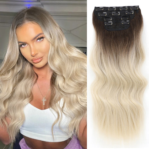 Qp hairMONIXI Synthetic Clip in Hair Extensiones Long Soft Glam Waves Thick Hairpieces Ombre Chocolate Brown to Honey Hair Extensions