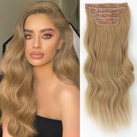 Qp hairMONIXI Synthetic Clip in Hair Extensiones Long Soft Glam Waves Thick Hairpieces Ombre Chocolate Brown to Honey Hair Extensions