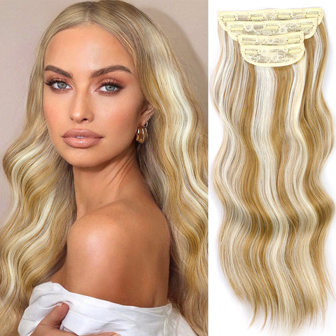 Qp hairMONIXI Synthetic Clip in Hair Extensiones Long Soft Glam Waves Thick Hairpieces Ombre Chocolate Brown to Honey Hair Extensions