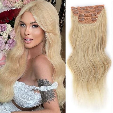 Qp hairMONIXI Synthetic Clip in Hair Extensiones Long Soft Glam Waves Thick Hairpieces Ombre Chocolate Brown to Honey Hair Extensions