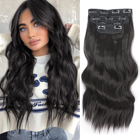 Qp hairMONIXI Synthetic Clip in Hair Extensiones Long Soft Glam Waves Thick Hairpieces Ombre Chocolate Brown to Honey Hair Extensions