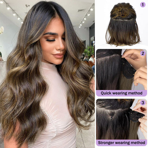 Qp hairMONIXI Synthetic Clip in Hair Extensiones Long Soft Glam Waves Thick Hairpieces Ombre Chocolate Brown to Honey Hair Extensions