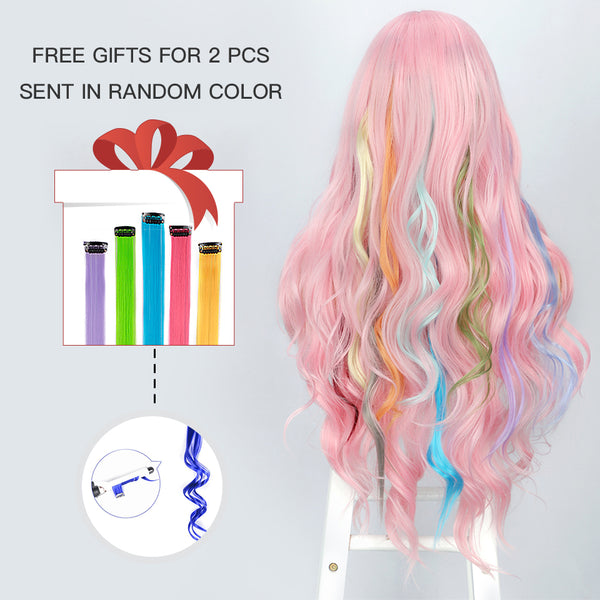 Qp hairMONIXI Synthetic Cosplay Pink Wig Long Wavy Wigs for Women Black Orange Blonde Wigs Heat Resistant Party Hair