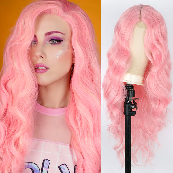Qp hairMONIXI Synthetic Cosplay Pink Wig Long Wavy Wigs for Women Black Orange Blonde Wigs Heat Resistant Party Hair