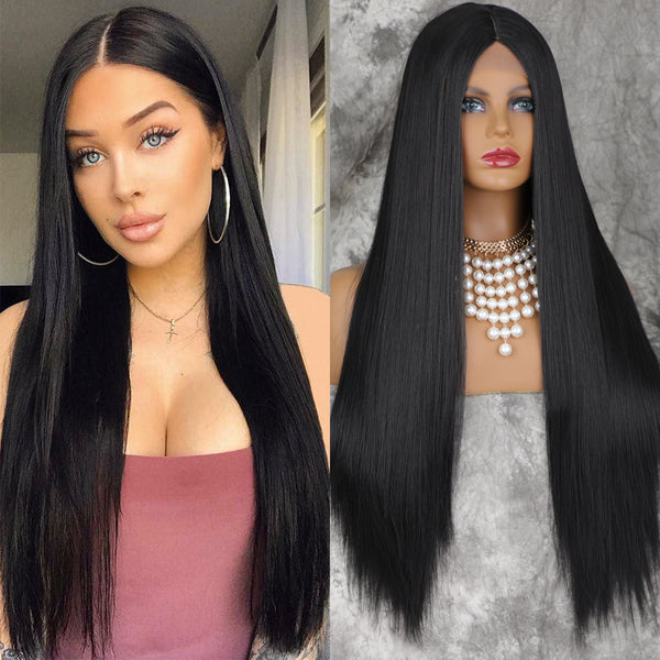 Qp hairMONIXI Synthetic Cosplay Wig Long Straight Light Pink Middle Part Wigs for Women Blonde Black Daily Use Fake Hairs