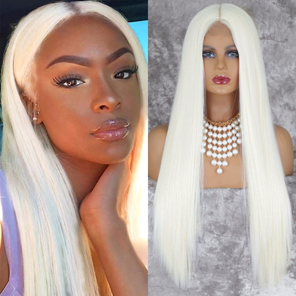 Qp hairMONIXI Synthetic Cosplay Wig Long Straight Light Pink Middle Part Wigs for Women Blonde Black Daily Use Fake Hairs