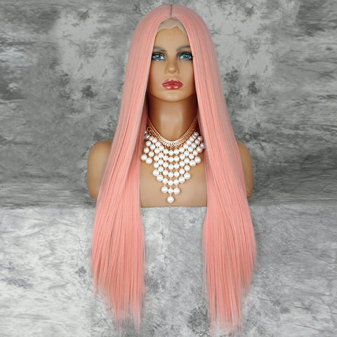 Qp hairMONIXI Synthetic Cosplay Wig Long Straight Light Pink Middle Part Wigs for Women Blonde Black Daily Use Fake Hairs