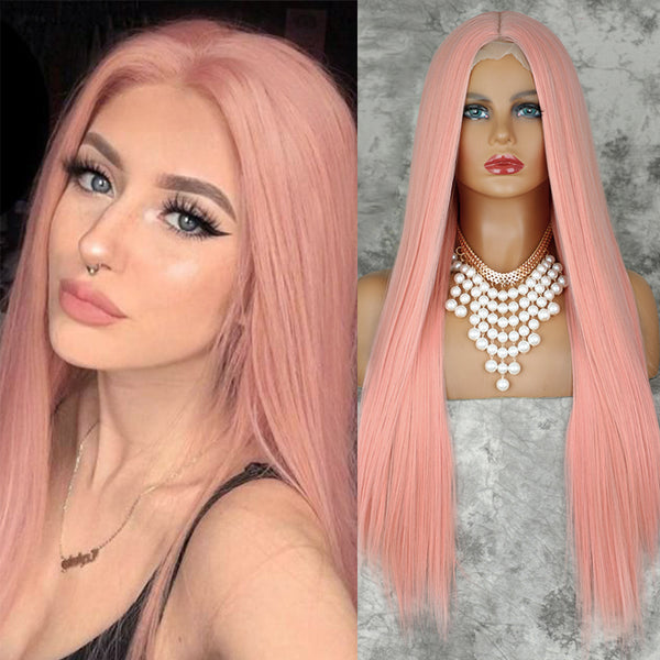 Qp hairMONIXI Synthetic Cosplay Wig Long Straight Light Pink Middle Part Wigs for Women Blonde Black Daily Use Fake Hairs