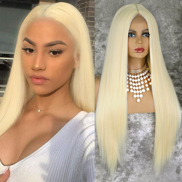 Qp hairMONIXI Synthetic Cosplay Wig Long Straight Light Pink Middle Part Wigs for Women Blonde Black Daily Use Fake Hairs