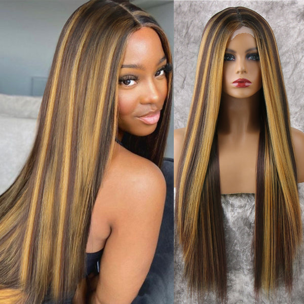 Qp hairMONIXI Synthetic Cosplay Wig Long Straight Light Pink Middle Part Wigs for Women Blonde Black Daily Use Fake Hairs