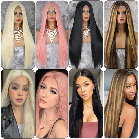 Qp hairMONIXI Synthetic Cosplay Wig Long Straight Light Pink Middle Part Wigs for Women Blonde Black Daily Use Fake Hairs
