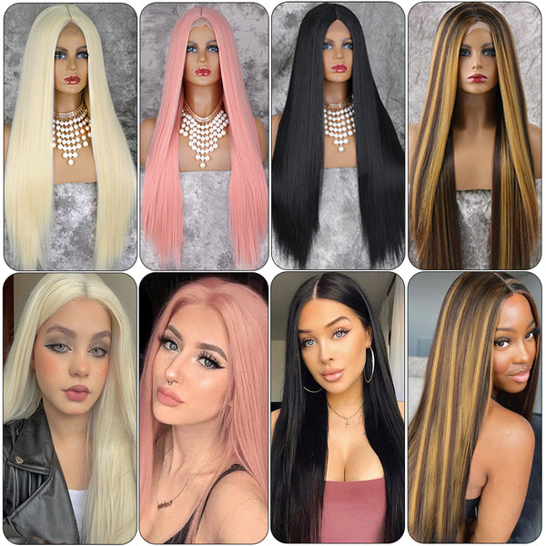 Qp hairMONIXI Synthetic Cosplay Wig Long Straight Light Pink Middle Part Wigs for Women Blonde Black Daily Use Fake Hairs