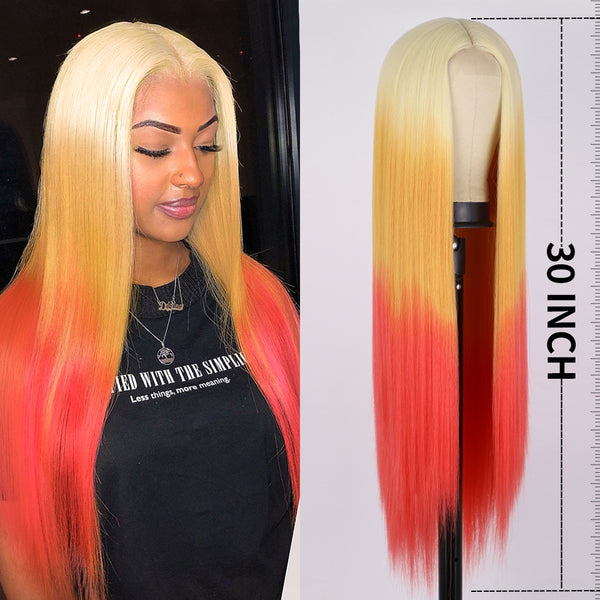 Qp hairMONIXI Synthetic Cosplay Wig Long Straight Wig Red Mixed Blonde Natural Wigs For Women Middle Part Black Brown Color Wigs