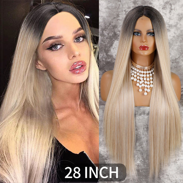 Qp hairMONIXI Synthetic Cosplay Wig Long Straight Wig Red Mixed Blonde Natural Wigs For Women Middle Part Black Brown Color Wigs