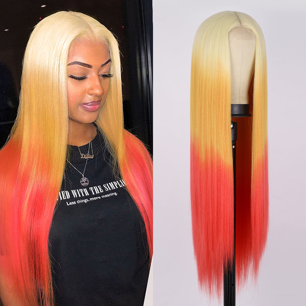 Qp hairMONIXI Synthetic Cosplay Wig Long Straight Wig Red Mixed Blonde Natural Wigs For Women Middle Part Black Brown Color Wigs