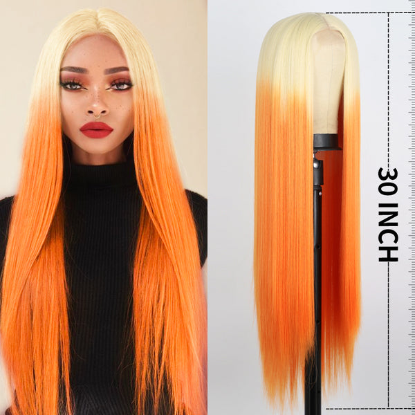 Qp hairMONIXI Synthetic Cosplay Wig Long Straight Wig Red Mixed Blonde Natural Wigs For Women Middle Part Black Brown Color Wigs