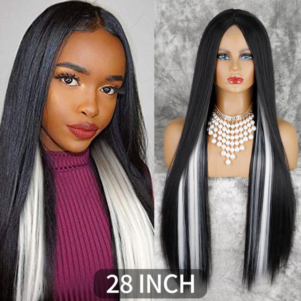 Qp hairMONIXI Synthetic Cosplay Wig Long Straight Wig Red Mixed Blonde Natural Wigs For Women Middle Part Black Brown Color Wigs