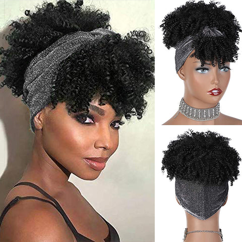 Qp hairMONIXI Synthetic Curly Headband Wigs Short Black Kinky Curly Wig with Bangs Afro Puff Wigs for Women Head Wrap Wig