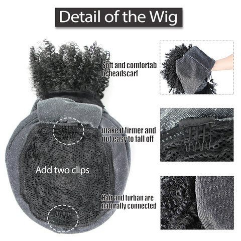 Qp hairMONIXI Synthetic Curly Headband Wigs Short Black Kinky Curly Wig with Bangs Afro Puff Wigs for Women Head Wrap Wig