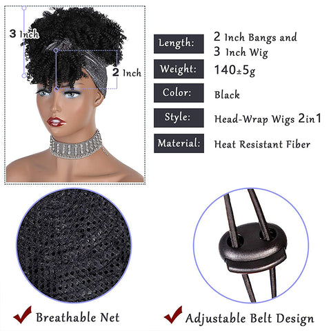 Qp hairMONIXI Synthetic Curly Headband Wigs Short Black Kinky Curly Wig with Bangs Afro Puff Wigs for Women Head Wrap Wig