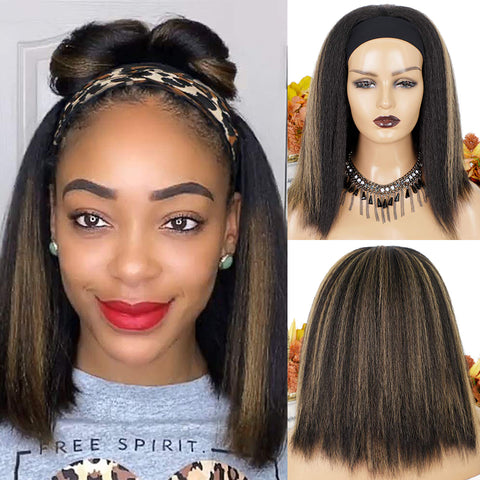 Qp hairMONIXI Synthetic Curly Headband Wigs Short Black Kinky Curly Wig with Bangs Afro Puff Wigs for Women Head Wrap Wig