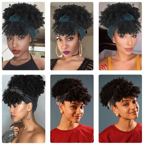 Qp hairMONIXI Synthetic Curly Headband Wigs Short Black Kinky Curly Wig with Bangs Afro Puff Wigs for Women Head Wrap Wig