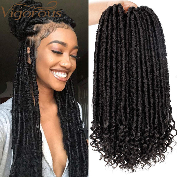 Qp hairMONIXI Synthetic Hair Extension Goddess Faux Locs Culry Braid Crochet Hair Braids 16 20inch Soft Natural Black Braiding