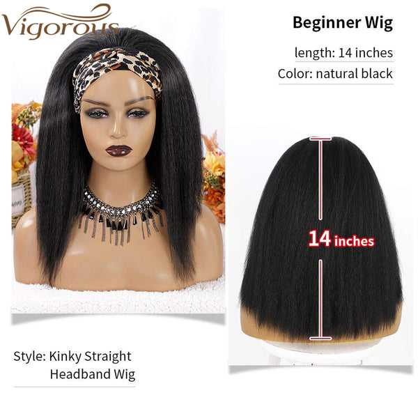 Qp hairMONIXI Synthetic Kinky Straight Headband Wigs for Black Women 14 Inch Synthetic Headband Wig Yaki Straight Hair Easy to Wear