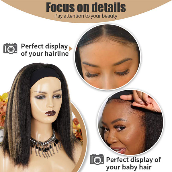 Qp hairMONIXI Synthetic Kinky Straight Headband Wigs for Black Women 14 Inch Synthetic Headband Wig Yaki Straight Hair Easy to Wear