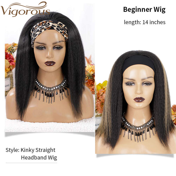 Qp hairMONIXI Synthetic Kinky Straight Headband Wigs for Black Women 14 Inch Synthetic Headband Wig Yaki Straight Hair Easy to Wear