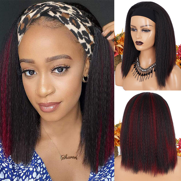 Qp hairMONIXI Synthetic Kinky Straight Headband Wigs for Black Women 14 Inch Synthetic Headband Wig Yaki Straight Hair Easy to Wear