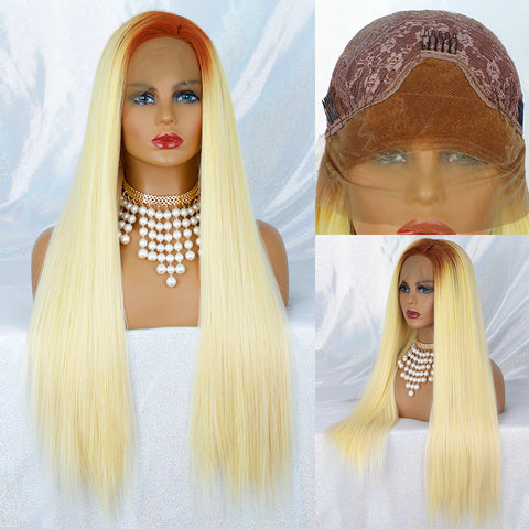 Qp hairMONIXI Synthetic Lace Front Wig Long Straight Wigs for Black Women Free Part Lace Wigs Ombre Blonde Synthetic Fake Hair