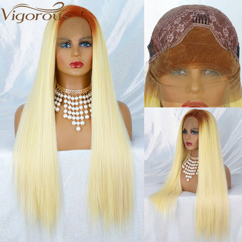 Qp hairMONIXI Synthetic Lace Front Wig Long Straight Wigs for Black Women Free Part Lace Wigs Ombre Blonde Synthetic Fake Hair