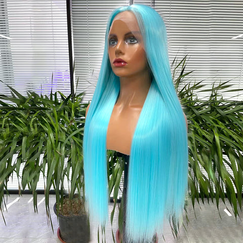 Qp hairMONIXI Synthetic Lace Front Wig for Women Long Straight Blue wig Middle Part Lace Wig Cosplay Heat Resistant