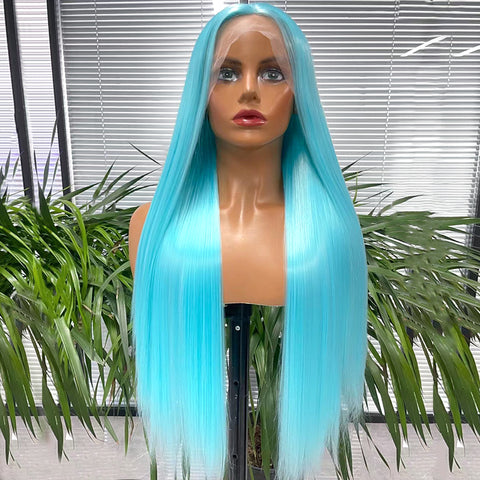 Qp hairMONIXI Synthetic Lace Front Wig for Women Long Straight Blue wig Middle Part Lace Wig Cosplay Heat Resistant