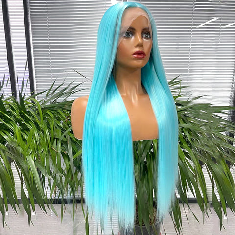 Qp hairMONIXI Synthetic Lace Front Wig for Women Long Straight Blue wig Middle Part Lace Wig Cosplay Heat Resistant