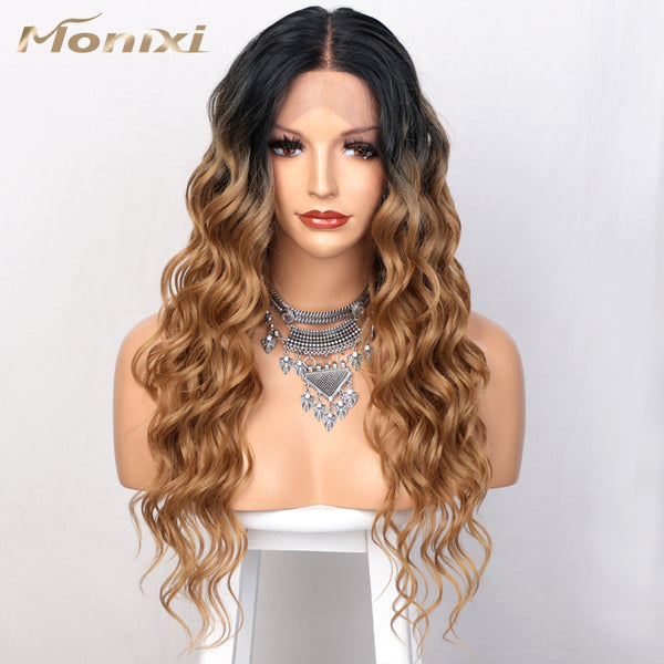 Qp hairMONIXI Synthetic Lace Front Wigs Long Curly Black To Brown Wigs for Women Ombre Brown Lace Wigs Heat Resistant Fiber Daily Use