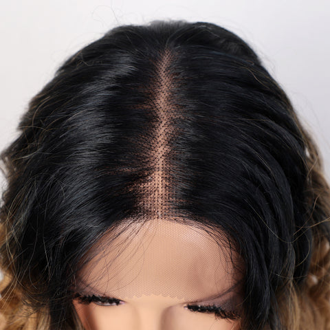 Qp hairMONIXI Synthetic Lace Front Wigs Long Curly Black To Brown Wigs for Women Ombre Brown Lace Wigs Heat Resistant Fiber Daily Use