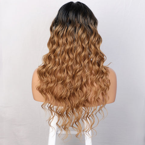 Qp hairMONIXI Synthetic Lace Front Wigs Long Curly Black To Brown Wigs for Women Ombre Brown Lace Wigs Heat Resistant Fiber Daily Use