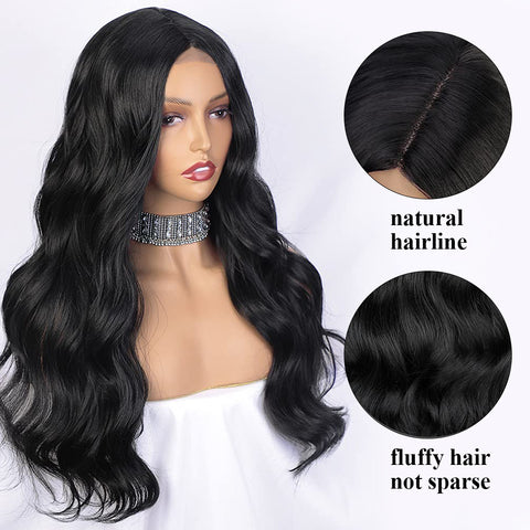Qp hairMONIXI Synthetic Long Body Wave Wig Black for Women Daily Party Used And Heat Resistant with Middle Part Wigs Looks Natural